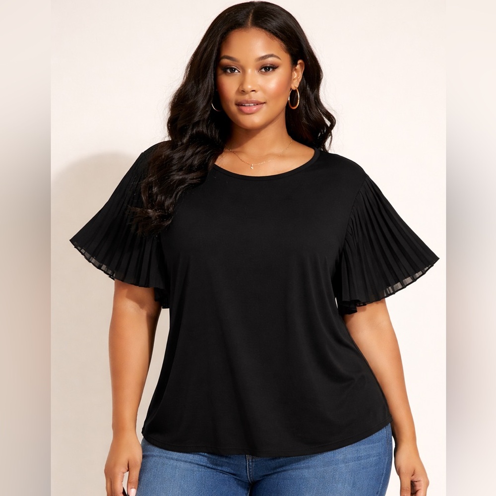 Rio & Rian Black Blouse Pleated Sleeve 1X Plus Size Chiffon Flutter Work Office